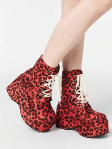 ROMWE Kawaii 女士Y2K朋克哥特式系带毛绒厚底踝靴 - 酒紅豹紋 - 查看 5