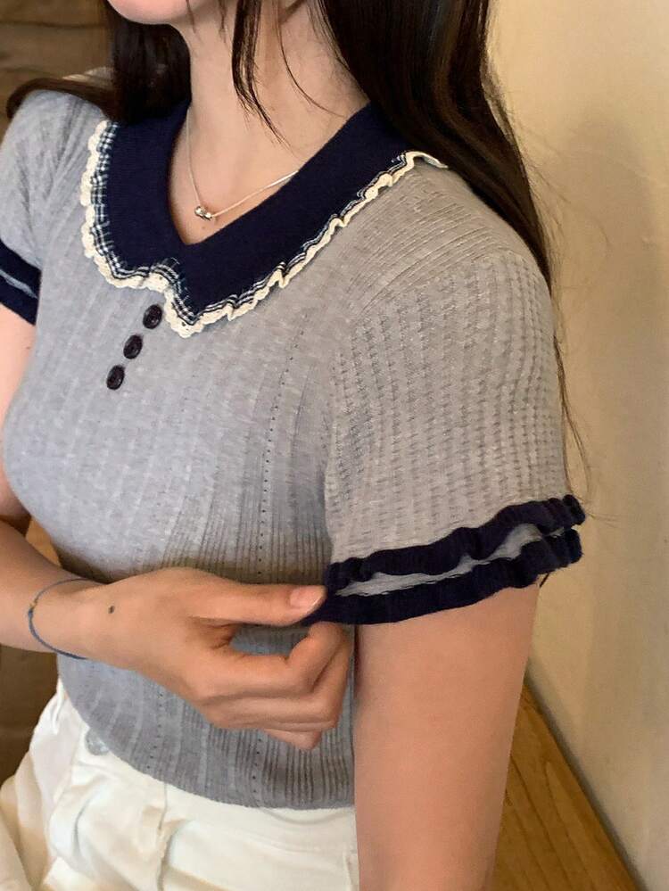 Women's Ruffled Polo Neck Knit Top