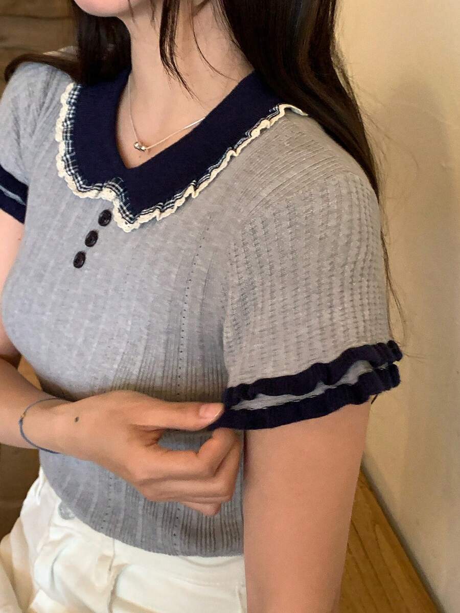 DAZY 女士荷叶边高领针织上衣 - 淺藍色 - 查看 1