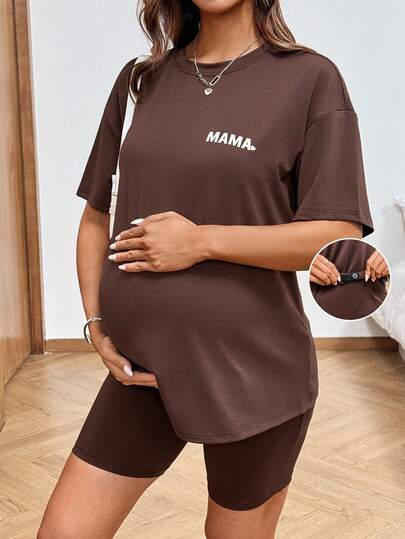 SHEIN Summer Outfits  This Brown Two-Piece Casual Outfit Is Perfect For Pregnant Women. The Top Is Loose-Fitting With A Mama Print, And The Pants Are Slim-Fit Cycling Shorts With Adjustable Elastic For Comfort And To Prevent Constriction Around The Belly. 2pcs Maternity Casual Letter Print Short Sleeve T-Shirt And Shorts Set, Summer