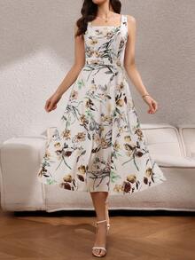 Rafferiza 女士时尚优雅印花收腰连衣裙 - 黃色 - 查看 5