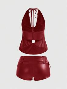 ROMWE Avant Bộ đồ nữ phong cách Gyaru cổ điển, chất liệu PU, gồm áo crop top cạp thấp, cổ xếp ly trang trí và quần short ôm sát ngắn. - Màu Đỏ Sâu - Xem 2