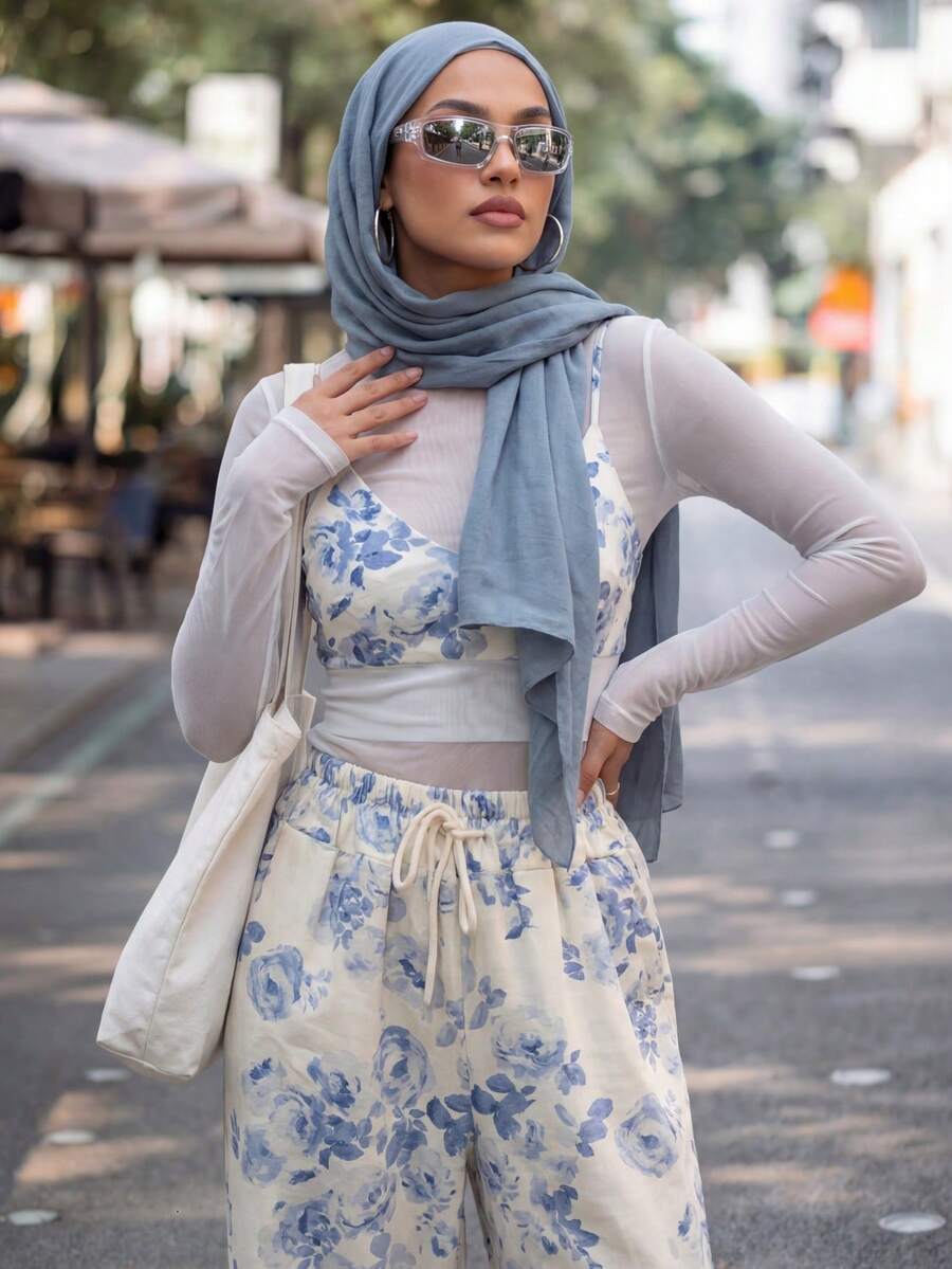 Calvaya 2 件套印花短款吊带背心短款上衣和高腰阔腿裤 - 彩色 - 查看 1