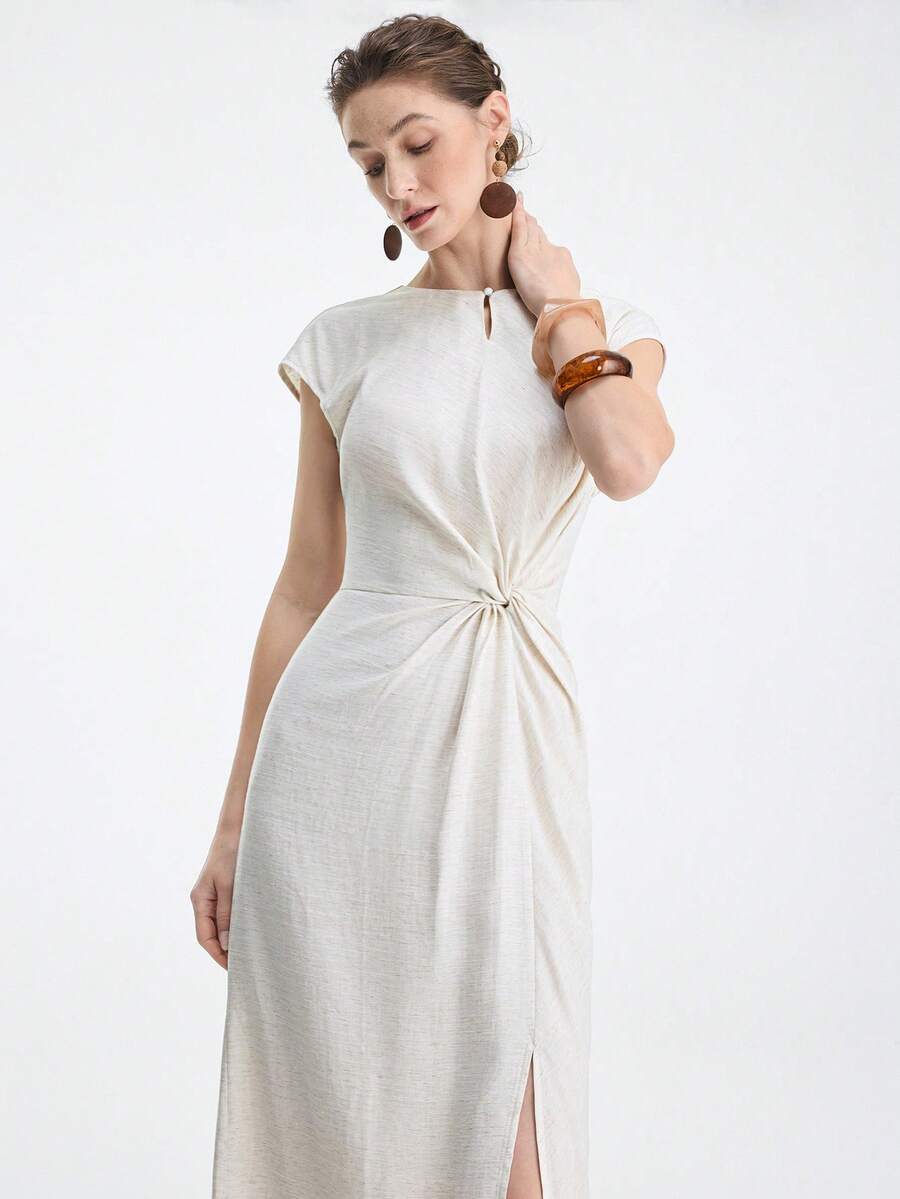 Aalyst Women's Elegant Solid Color Linen Round Neck Short Sleeve Pleated Dress, Suitable For Daily Commute, Vacation, Spring/Summer Wear