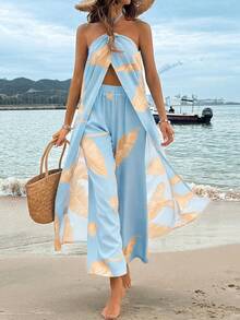 Breezaya 热带植物印花露背短款上衣+松紧腰直筒裤两件套，春夏款 - 藍色 - 查看 4