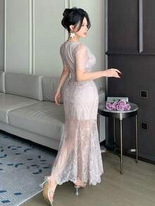 DAZY 女士V领短袖蕾丝面料优雅长裙 - 淺粉色 - 查看 5