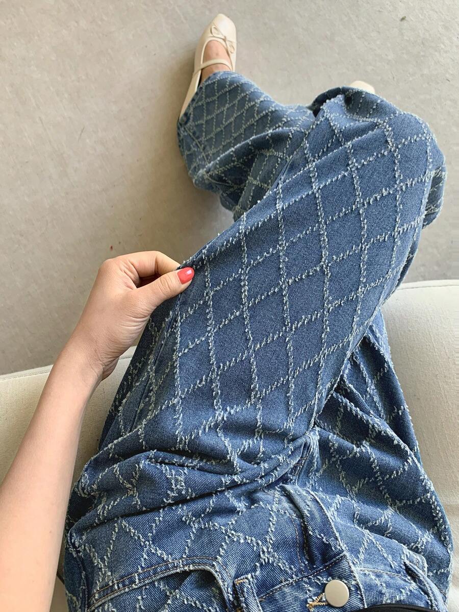 Joudiya 女式休闲日常百搭直筒纽扣牛仔裤 - 藍色 - 查看 1