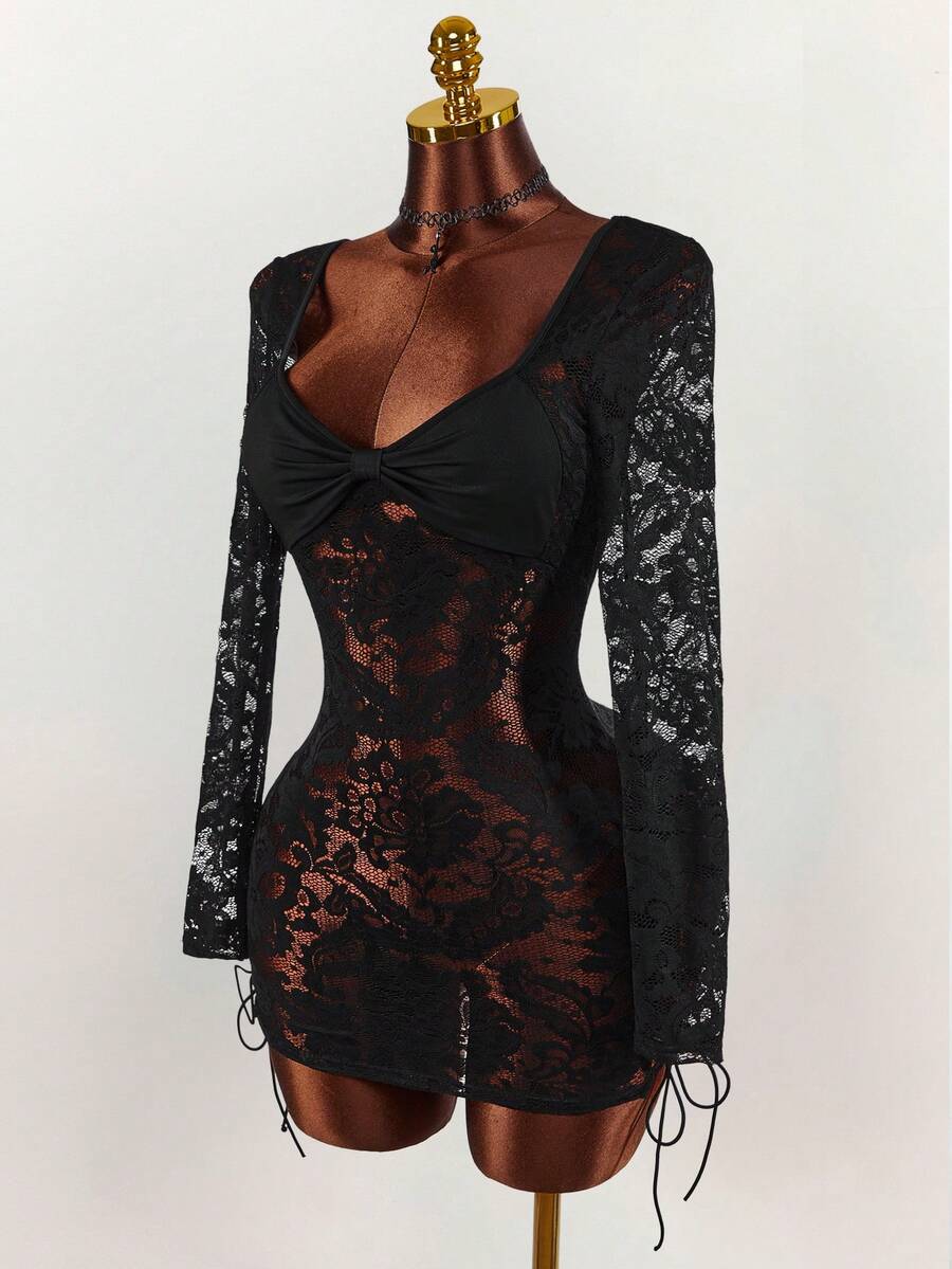 Amplova 女士时尚性感透视蕾丝露背迷你连衣裙 - 黑色 - 查看 1