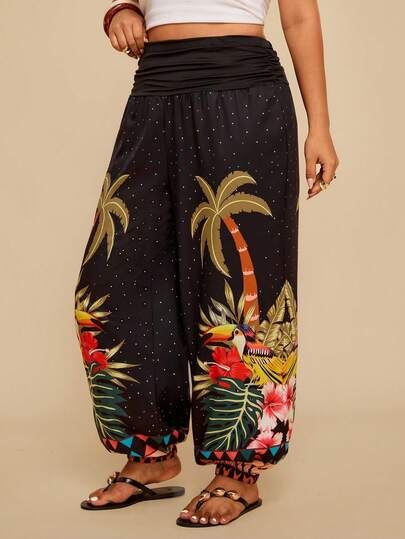 Travachic Plus Size Women Parrot & Coconut Tree Print Casual Vacation Pants