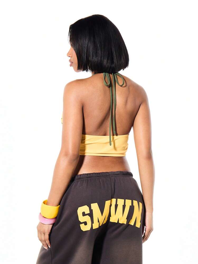 SUMWON Yellow Cut Out Halter Cami Top With Macrame Strappy Details Tied Front Jersey Festival Summer Crop Tank For Women Beach Vacation Backless