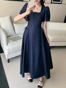 FRIFUL 女士休闲花瓣袖交叉系带腰部牛仔连衣裙，春夏款 - 藍色 - 查看 6