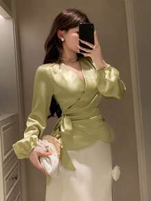 DAZY Women's Elegant Solid Color V-Neck Tie Blouse, Spring/Summer - Yellow - View 3