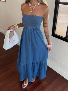 Livesso 女士休闲度假无肩带牛仔连衣裙 - 中等水洗藍 - 查看 3