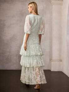 MOTF Soiréza WOMEN'S LACE OVERLAY PUFF SLEEVE LAYERED RUFFLE HEM CAKE COCKTAIL DRESS, ROMANTIC PARTY, SPRING/SUMMER - Green - View 4