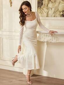 Vintamour 复古经典优雅女士连衣裙，春夏修身提花针织连衣裙，方领连衣裙，鱼尾紧身连衣裙，杏色连衣裙 - 杏色 - 查看 7