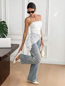 Serisse Women's Fashion Asymmetrical Hem Lace Bandeau Top,Summer ,Spring,Valentine's Day,Party,Wedding,Ceremony,Elegant ,Vacation,Casual, Formal,,Summer ,Spring,Festival,Party , Birthday,Beach,Vacation,Casual,Wedding,Graduation, Going Out, Elegant, - Apricot - View 6