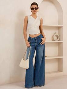 Lymera 新款春夏时尚休闲杏色简约纹理针织V领不对称袖T恤，通勤必备 - 杏色 - 查看 3