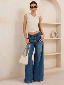 Lymera 新款春夏时尚休闲杏色简约纹理针织V领不对称袖T恤，通勤必备 - 杏色 - 查看 4