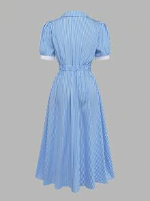 GlowEve Women's Striped Pattern Lapel Design Waist A-Line Dress, Elegant And Charming For Holiday, Commute, Music Festival, Date, French Riviera, Beach, Street Style, Versatile, Spring/Summer, Light Blue Striped New Arrival Puff Sleeve Midi Dress - Blue and White - View 2