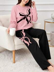 2 件套青少年女孩休闲针织蝴蝶印花长袖上衣和裤子家居服套装，优雅舒适 - 彩色 - 查看 1
