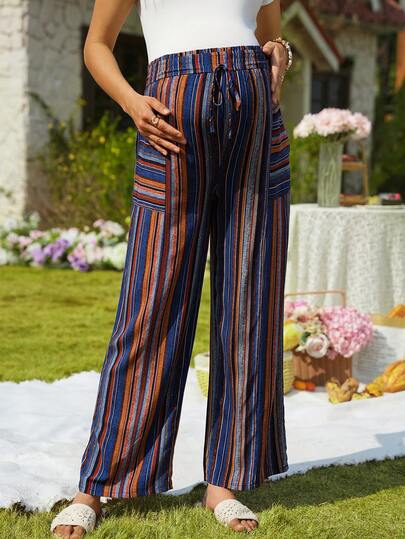 SHEIN 度假休闲彩色多巴胺条纹棉质荷叶边腰袋直筒裤