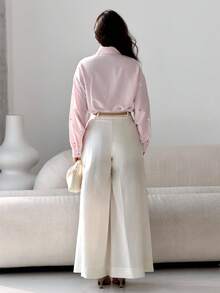 Modelyn 女士休闲工作服宽松水钻装饰落肩长袖衬衫，春秋季 - 粉色 - 查看 2