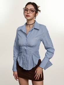 Rina Fox Blusa de mujer con cuello en V y volantes en el bajo a rayas - Azul - Ver 3