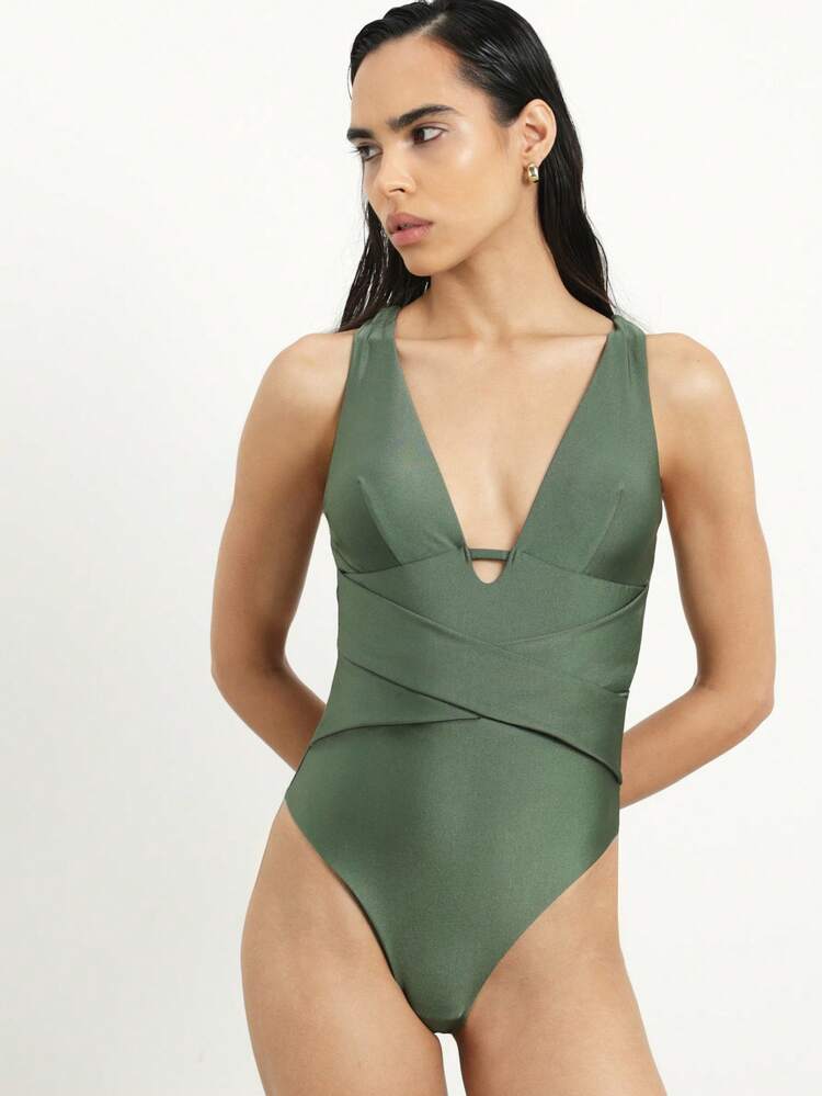 KSTM Women's Plunge V-Neck Cross-Back One-Piece Swimsuit With Ruched Wrap Front Detail And Cut-Out Accent For Summer Beach