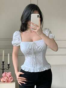 Celisse Women's Polka Dot Print Front Tie Short Petal Sleeve Casual Shirt - White - View 4