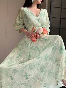 Vivie Lora 绿色女士V领修身中长款印花连衣裙 - 綠色 - 查看 2