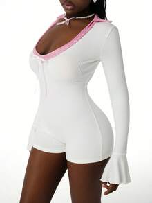 Amplova 2026新款V领蕾丝领纹理罗纹修身女式连体裤 - 彩色 - 查看 7