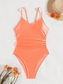 Swim Basics Women's Solid Color Spaghetti Strap One-Piece Swimsuit, Suitable For Beach Vacation - Orange - View 4