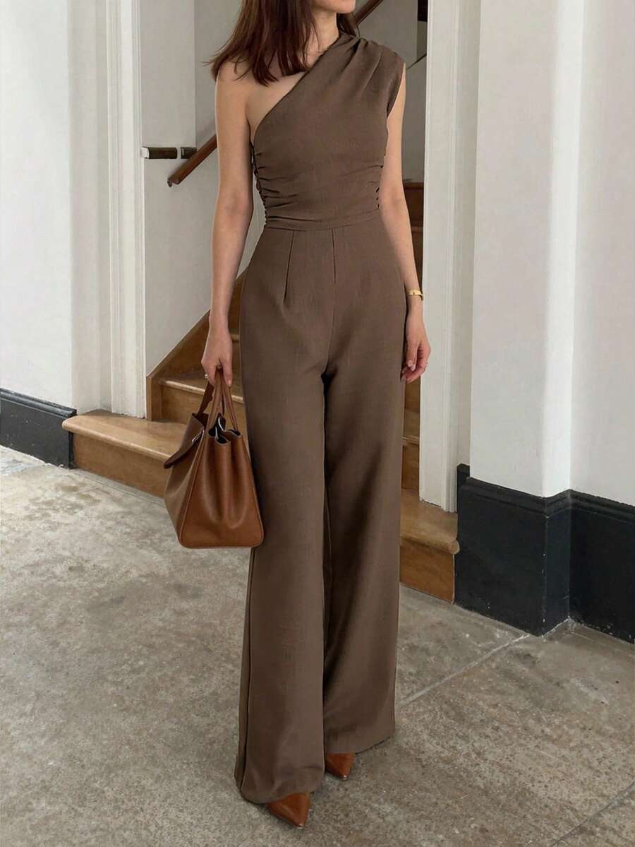 SHEIN PETITE Women's Khaki Sleeveless Asymmetrical Shoulder Wide Leg Jumpsuit - Brown - View 1