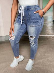 SHEIN ICON Plus Size Casual Washed Distressed Slim Fit Jeans - Medium Wash - View 1