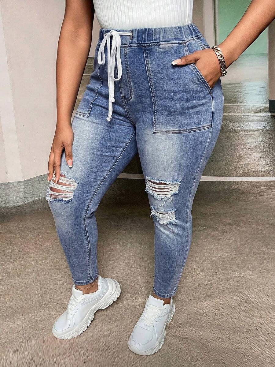 SHEIN ICON Plus Size Casual Washed Distressed Slim Fit Jeans - Medium Wash - View 1