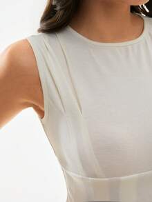 Poéselle 女士纯色圆领褶皱休闲日常T恤 - 杏色 - 查看 8