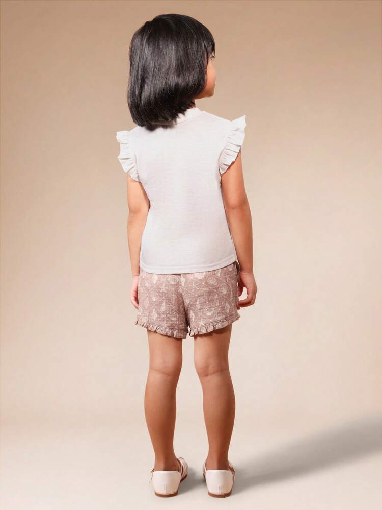 Flutter Sleeve Crew Neck T-Shirt With Shell Print Ruffle Hem Shorts Summer Co-Ord Set