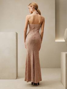 Anewsta 透视网纱拼接美人鱼连衣裙，优雅修身长款连衣裙，适合春夏穿着 - 淺粉色 - 查看 2