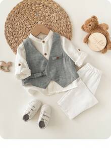 Bộ 3 món đồ cho bé trai dễ thương, kiểu dáng thường ngày, đơn giản, gồm áo vest và áo sơ mi cổ đứng tay dài có thể điều chỉnh, cùng quần tây, kiểu dáng lịch lãm. - Xám - Xem 4
