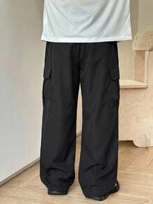 SHEIN Tween Boy Contrast Color Line Graphic Cargo Pocket Loose Wide Leg Pants, Suitable For Casual, Sports, School, Versatile,Kids - Black - View 2