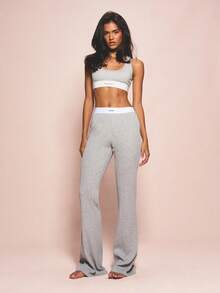 MISSGUIDED Quần dài ống loe dệt kim gân dành cho nữ, cạp chun co giãn và viền tương phản, kiểu dáng thoải mái để mặc nhà. - Xám - Xem 4