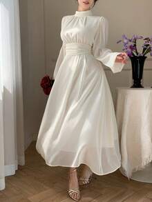 DAZY Damen elegantes einfarbiges plissiertes Stehkragen Petal-Ärmel Midi-Kleid, Frühlings-/Sommer-Sonnenkleider für Frauen - Aprikosenfarben - Übersicht 5