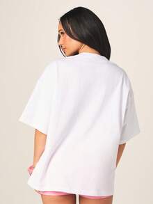 Missguided x Playboy Sequin Graphic Oversized Short Sleeve Crew Neck T-Shirt Women Casual Summer Pink Print - White - View 2