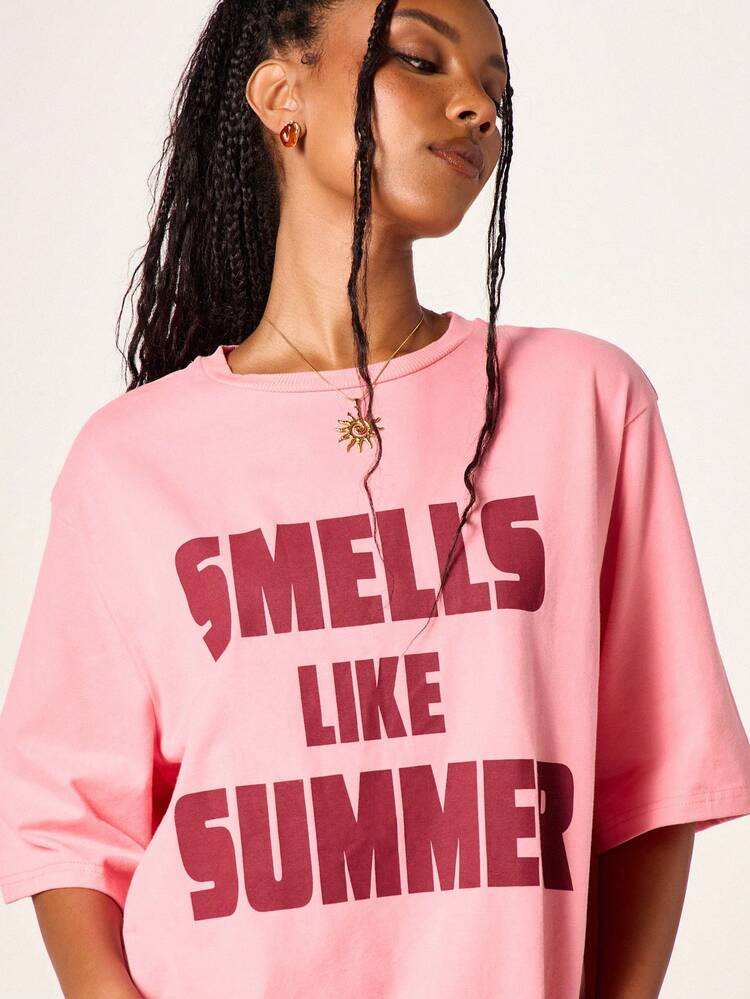 MISSGUIDED Smells Like Summer Statement Oversized Pink Short Sleeve Crew Neck Cotton T-Shirt Casual Summer Vacation Beach Leisure Tee