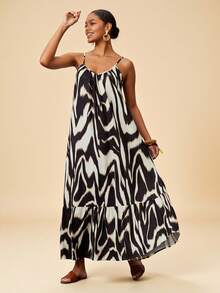 Travachic Women Multicolor Casual Random Print Cami Maxi Dress With Ruffle Hem Spaghetti Strap Sleeveless - Multicolor - View 3