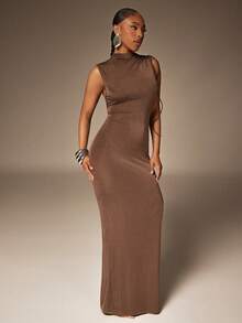 Denimoi 低袖侧镂空长款连衣裙，性感连衣裙，适合闺蜜约会之夜和度假穿着。 - 棕色 - 查看 5