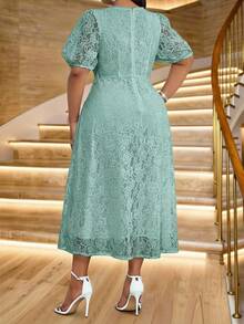 Fleurora 春夏优雅通勤办公派对情人节鸡尾酒会音乐会/音乐节白色针织蕾丝圆领喇叭泡泡袖荷叶边中长短袖大码连衣裙 - 薄荷藍 - 查看 2