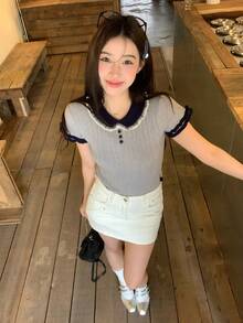 DAZY 女士荷叶边高领针织上衣 - 淺藍色 - 查看 3