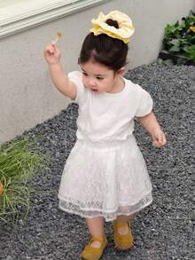 DAZY Baby Girl Heart Pattern Round Neck Short Sleeve T-Shirt And Skort Set, Suitable For Party, Daily Wear Summer Toddler - White - View 7