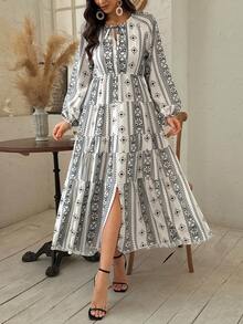 Vivie Lora Women's Round Neck Loose Waist Shirt Dress, Mid-Length - Black and White - View 6